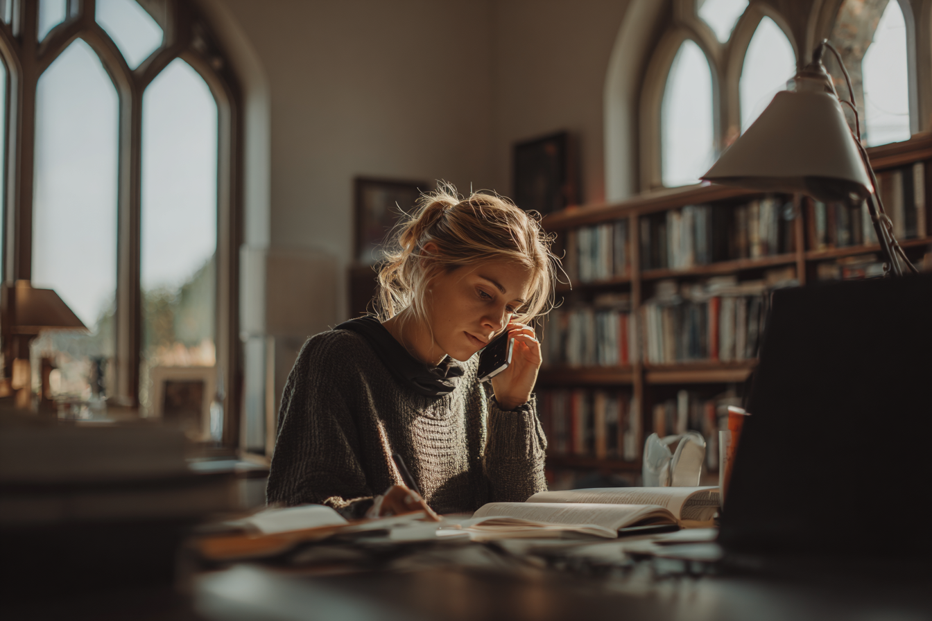 A church volunteer on the phone at her desk, following up with a guest