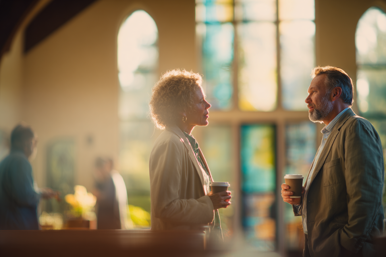 A pastor and a volunteer talking over coffee in the church lobby after a service