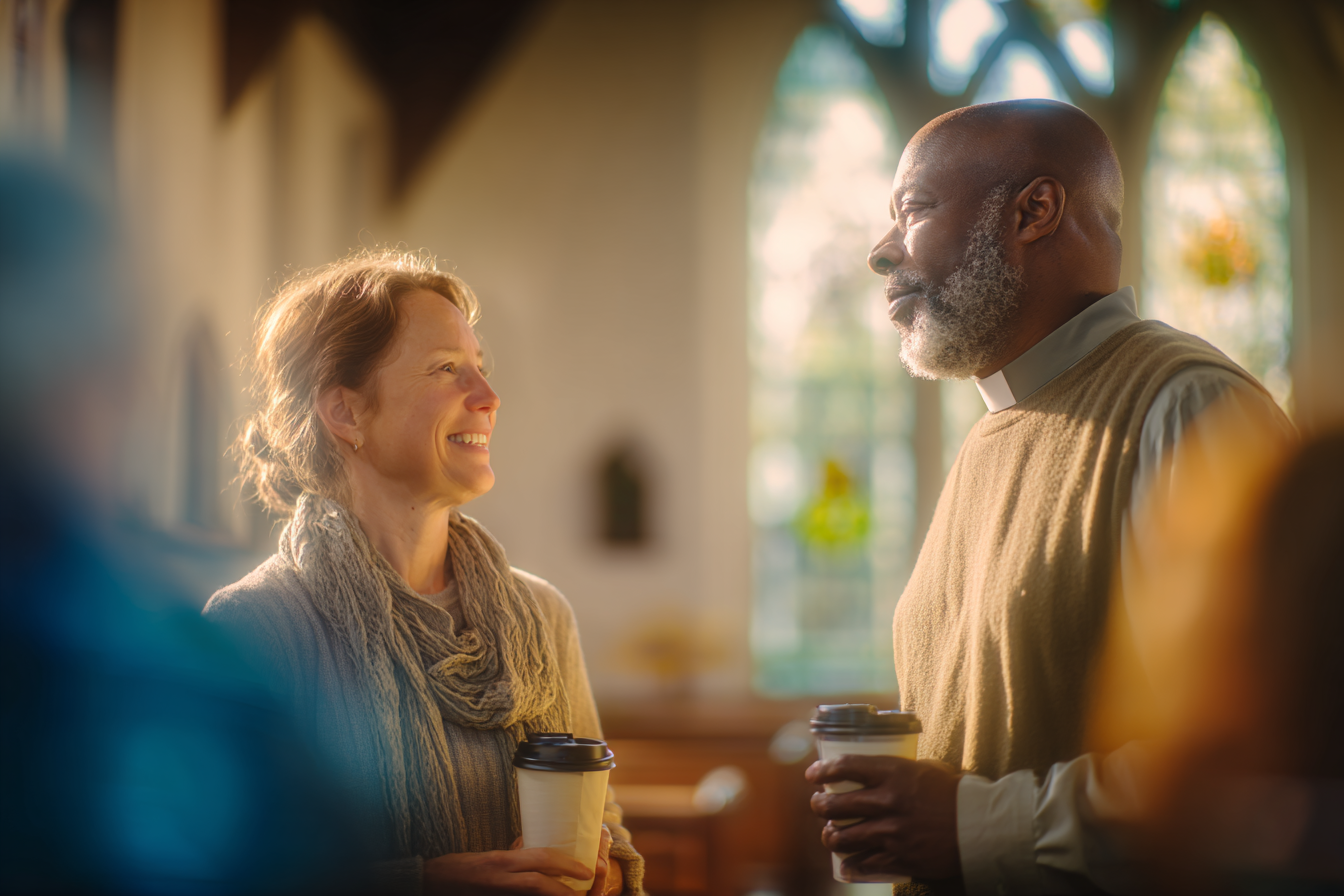 A pastor and a volunteer talking in the church lobby