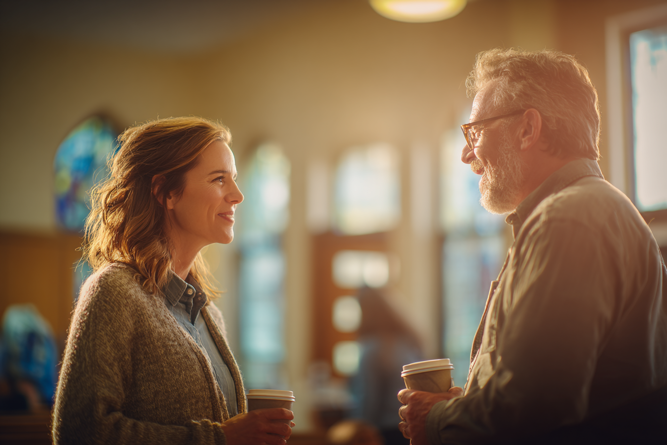A pastor and a volunteer talking in the church lobby on a Sunday morning