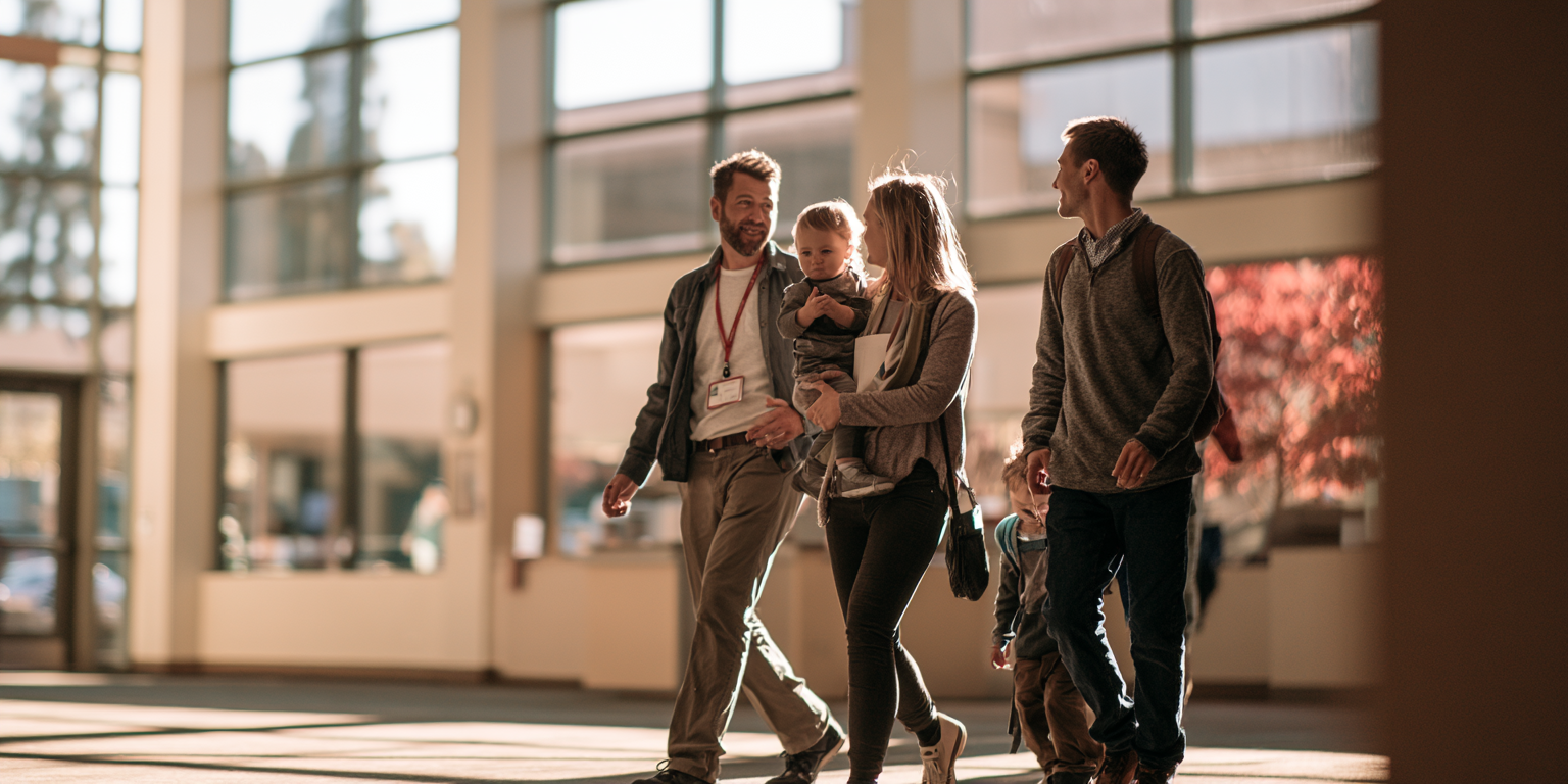 A family arriving at church on a Sunday morning