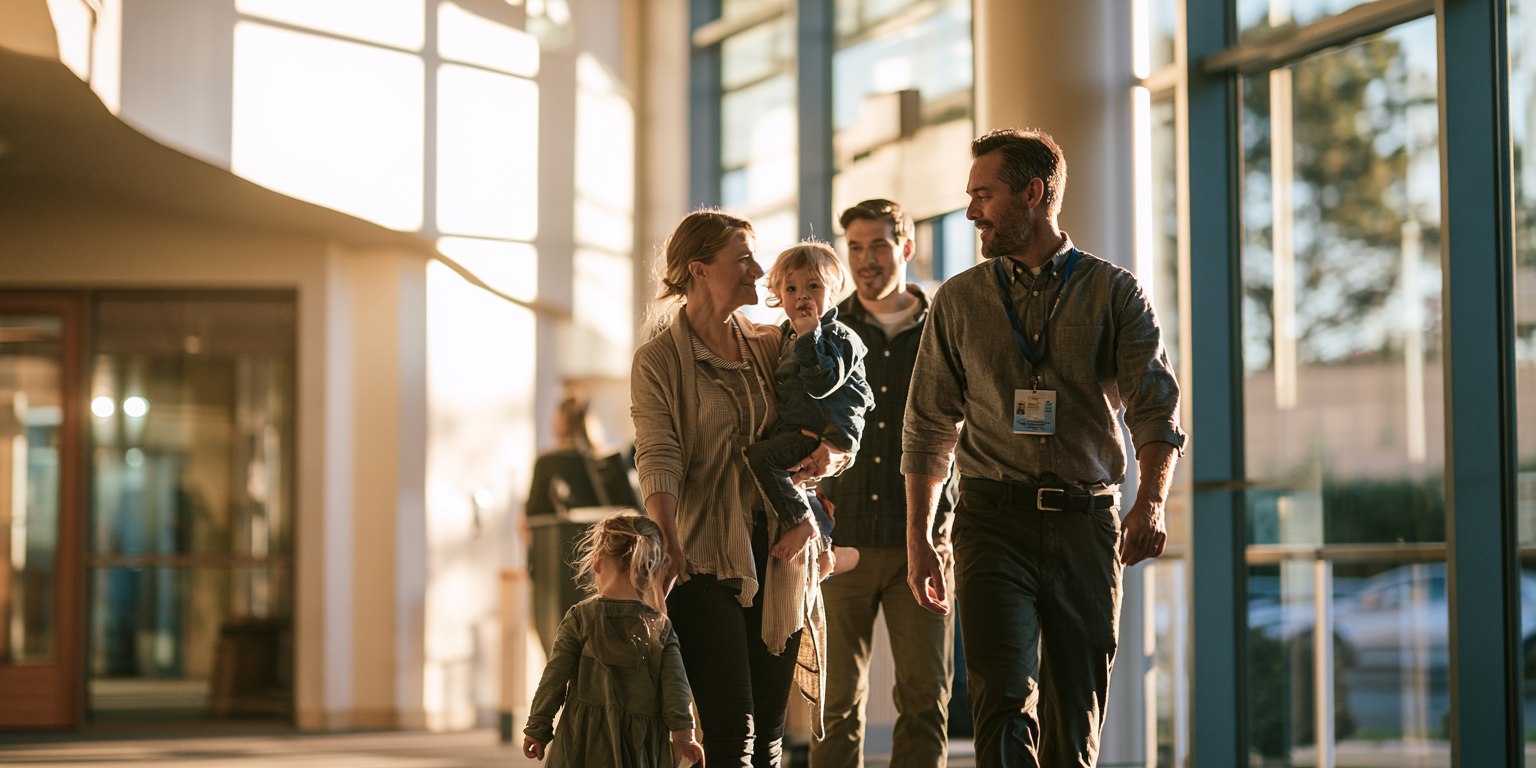 A volunteer walking a young family through the church lobby
