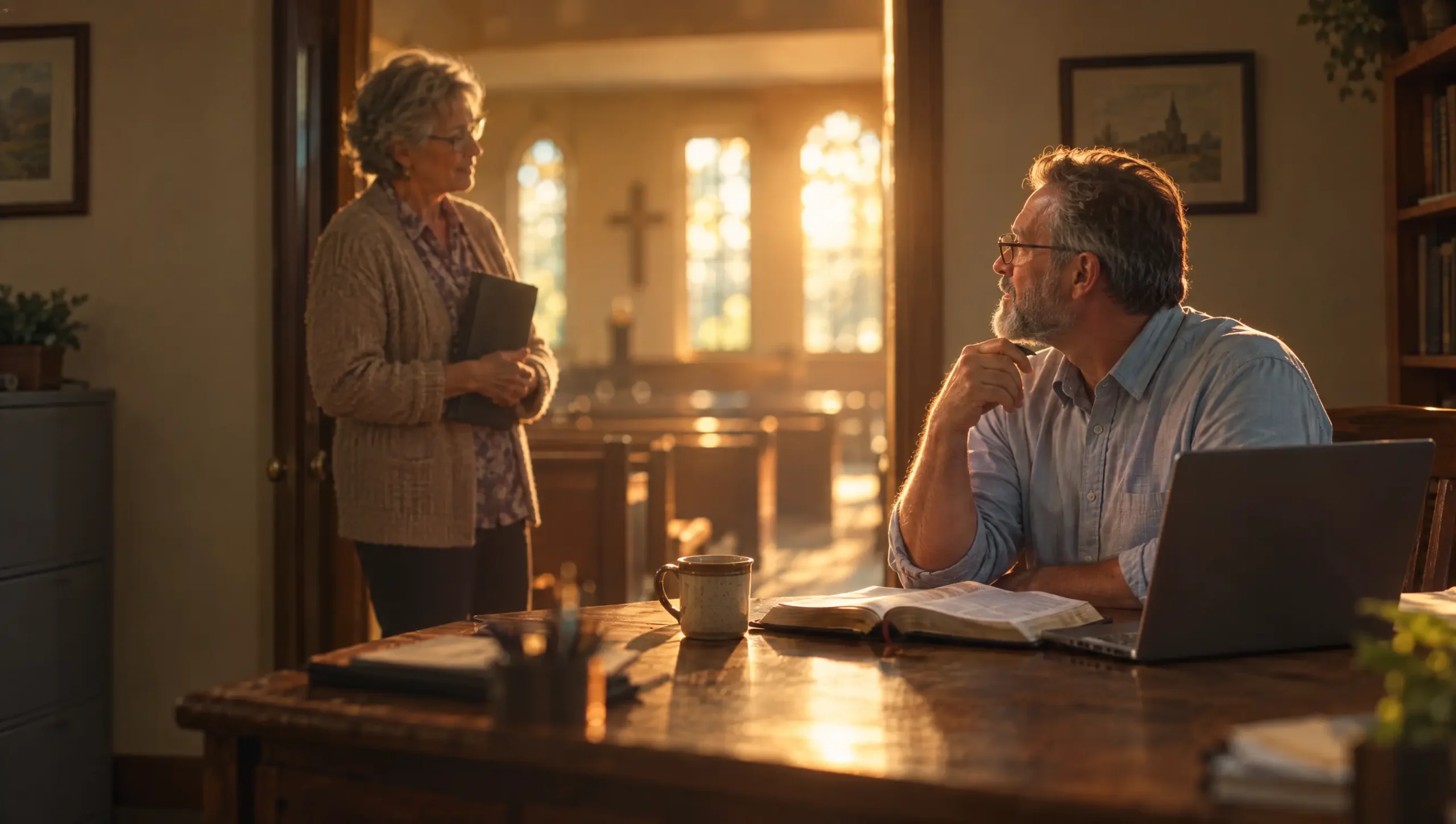 A small-church pastor at his office desk talking with a volunteer, with the sanctuary visible through the doorway