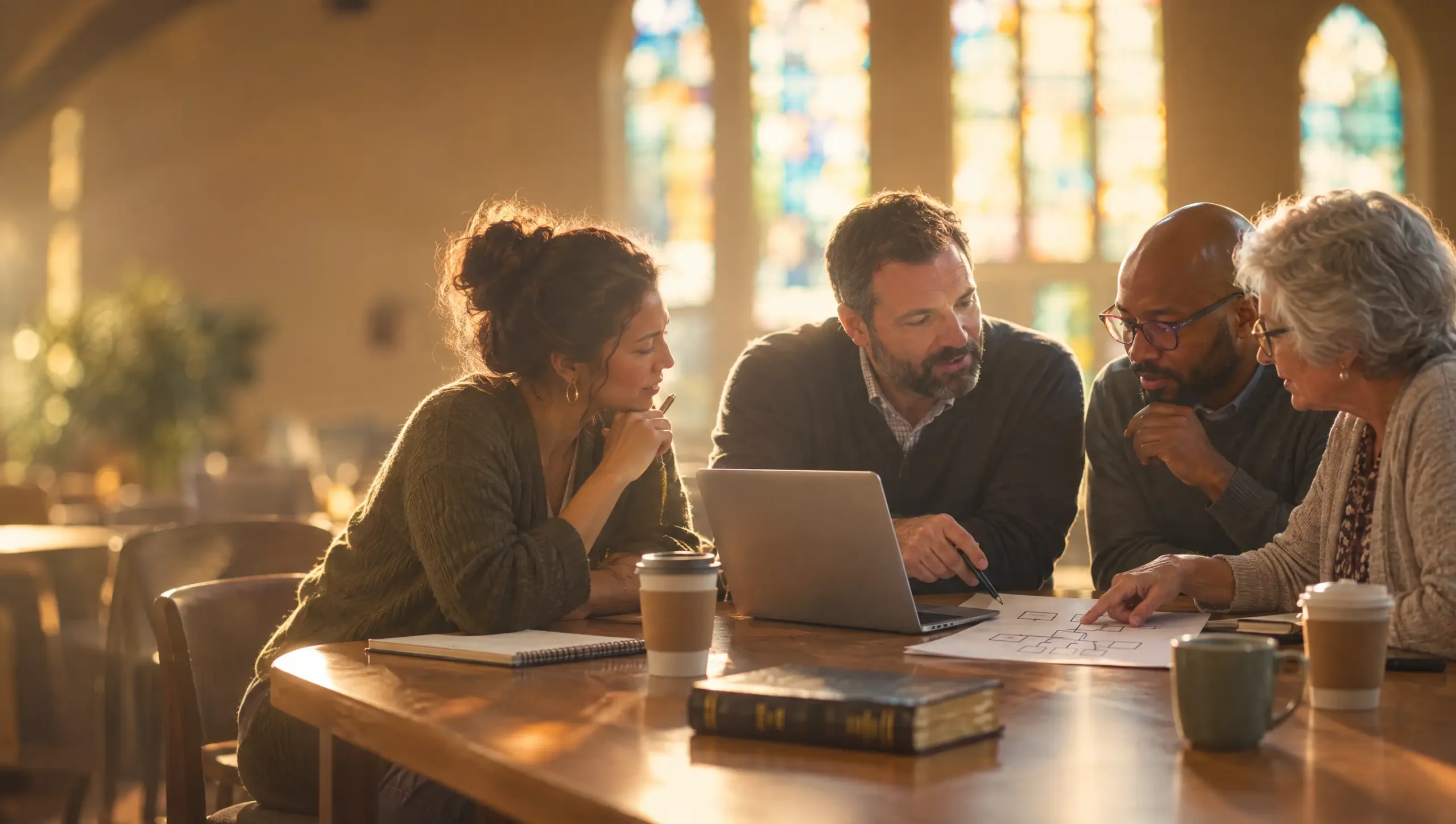 A church staff team gathered around a laptop and a hand-drawn org chart planning together