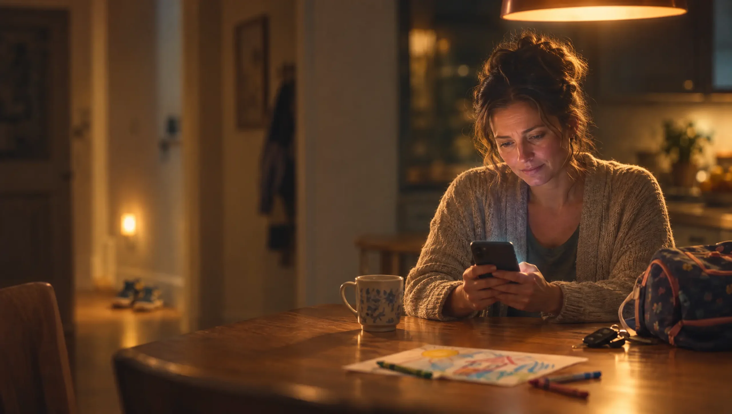 A mother at her kitchen table late at night reading her phone, deciding whether to visit a new church