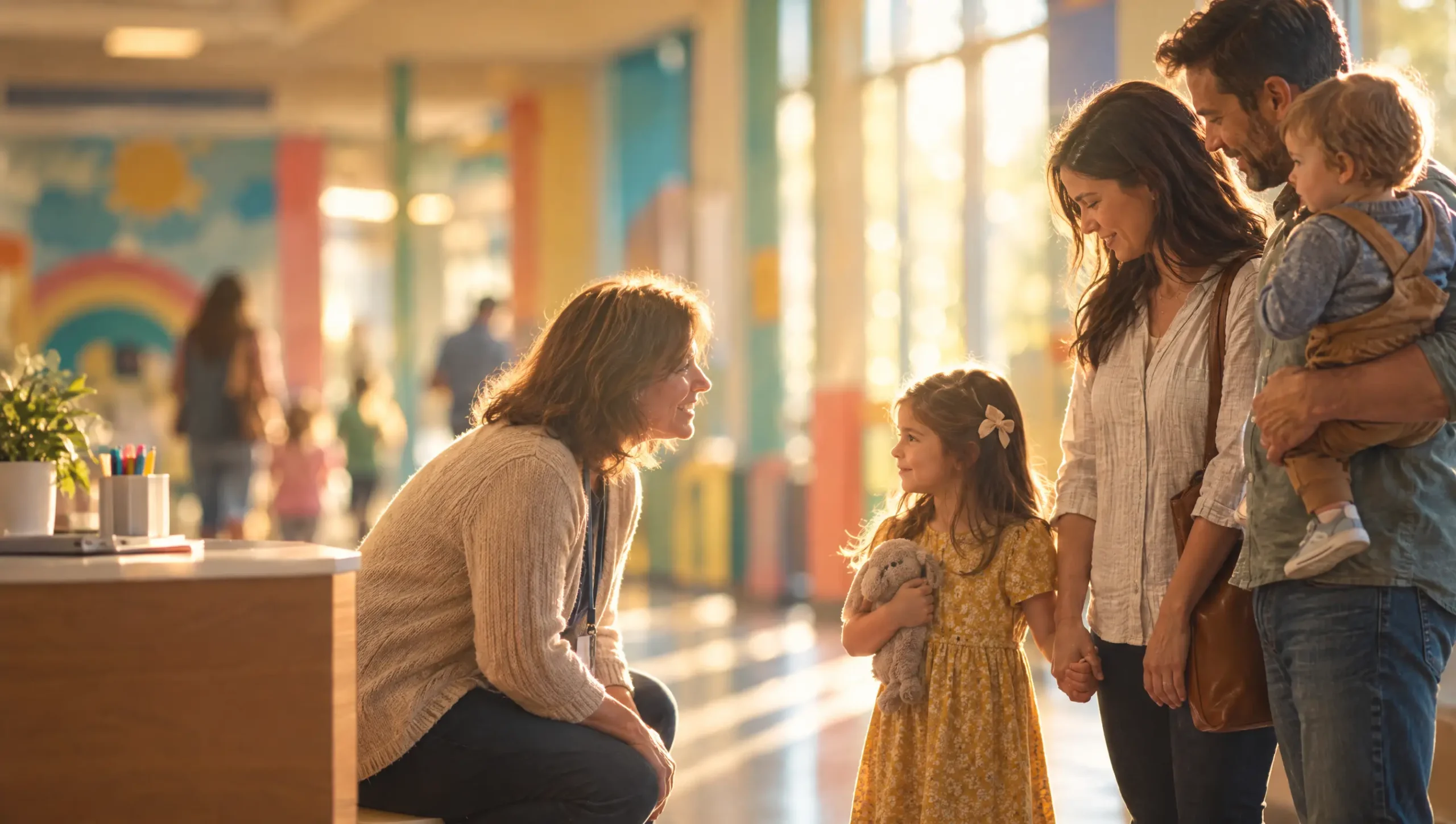 A kids ministry volunteer kneeling to welcome a first-time family at the church check-in desk